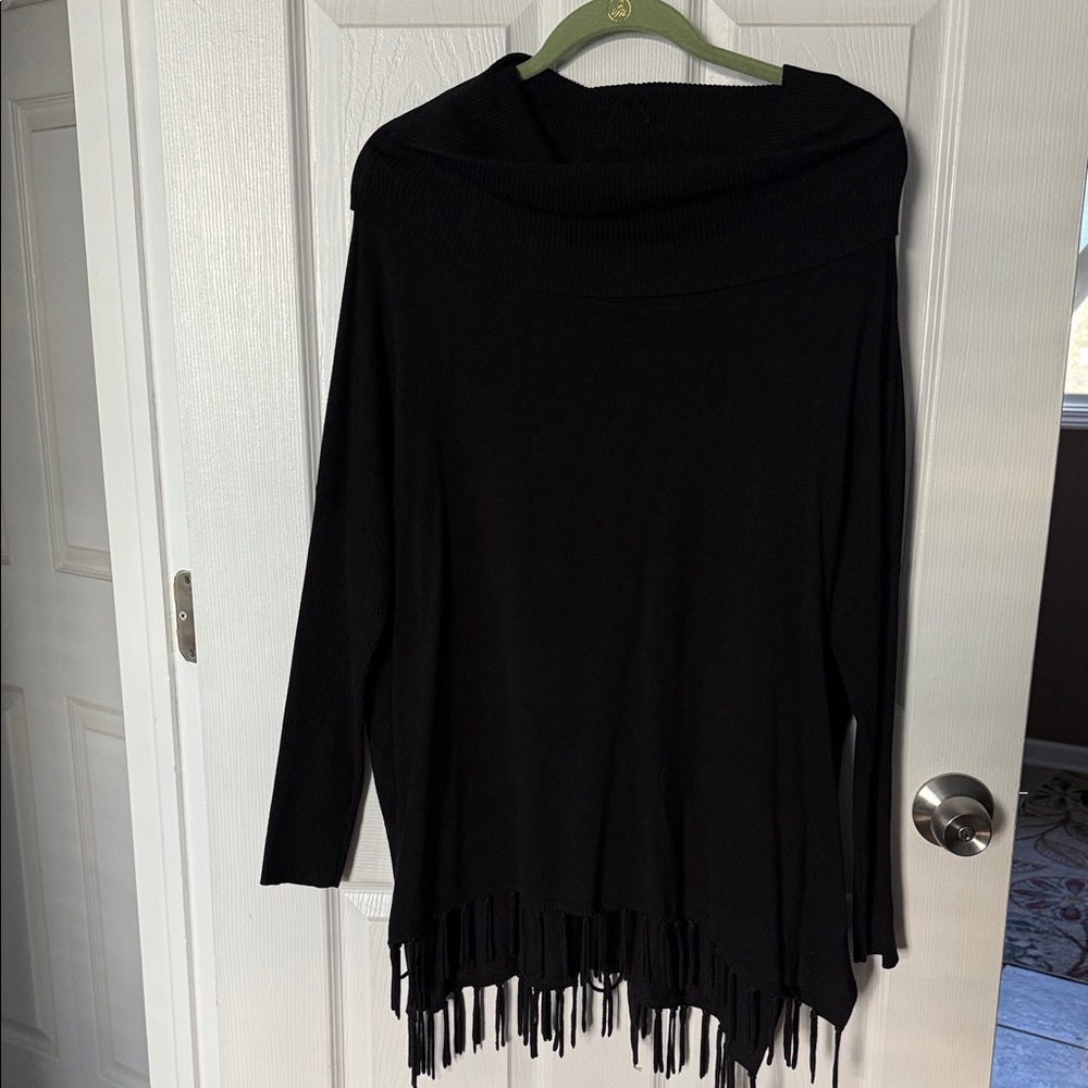 Boston Proper Black Off-the-Shoulder Fringe Sweater
